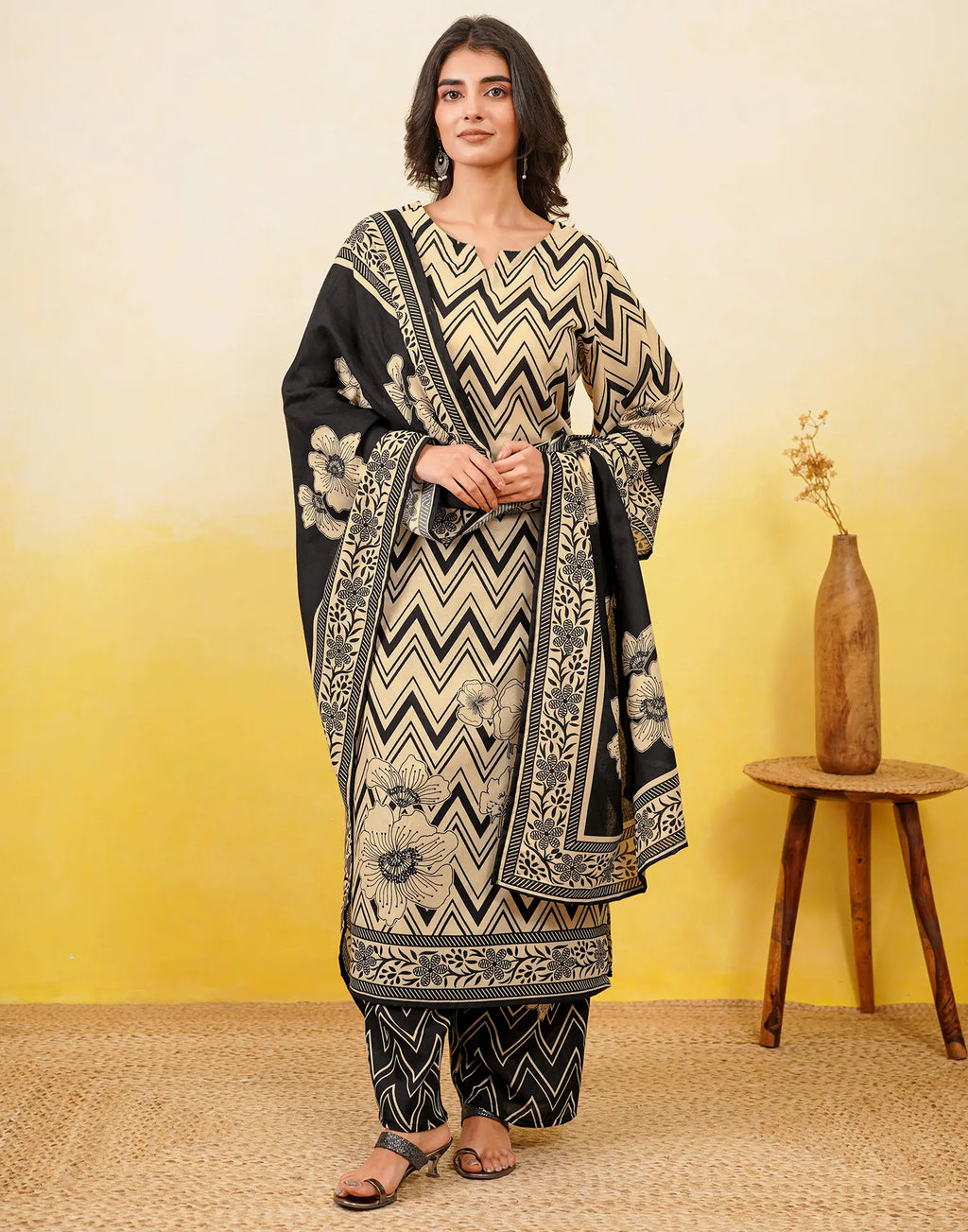 Blanched Almond Beige Notched Round Neck Digital Printed Straight 3 Piece Kurta Set with Dupatta
