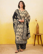 Blanched Almond Beige Notched Round Neck Digital Printed Straight 3 Piece Kurta Set with Dupatta