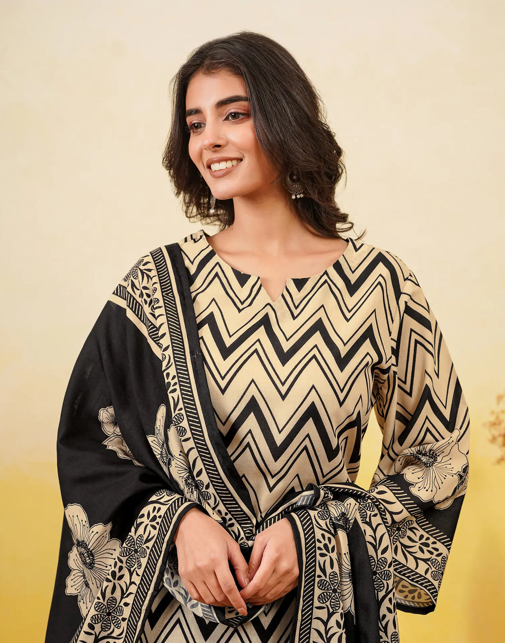 Blanched Almond Beige Notched Round Neck Digital Printed Straight 3 Piece Kurta Set with Dupatta