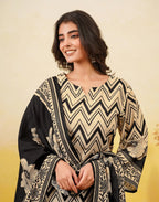 Blanched Almond Beige Notched Round Neck Digital Printed Straight 3 Piece Kurta Set with Dupatta