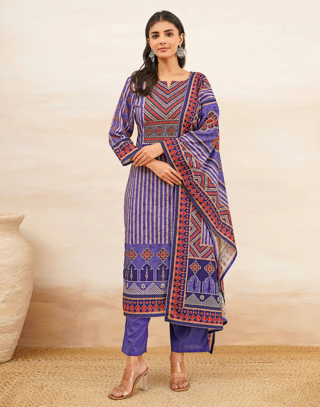 Blush Violet Purple Notched Round Neck Digital Printed Straight 3 Piece Kurta Set with Dupatta