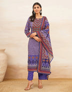 Blush Violet Purple Notched Round Neck Digital Printed Straight 3 Piece Kurta Set with Dupatta