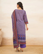 Blush Violet Purple Notched Round Neck Digital Printed Straight 3 Piece Kurta Set with Dupatta