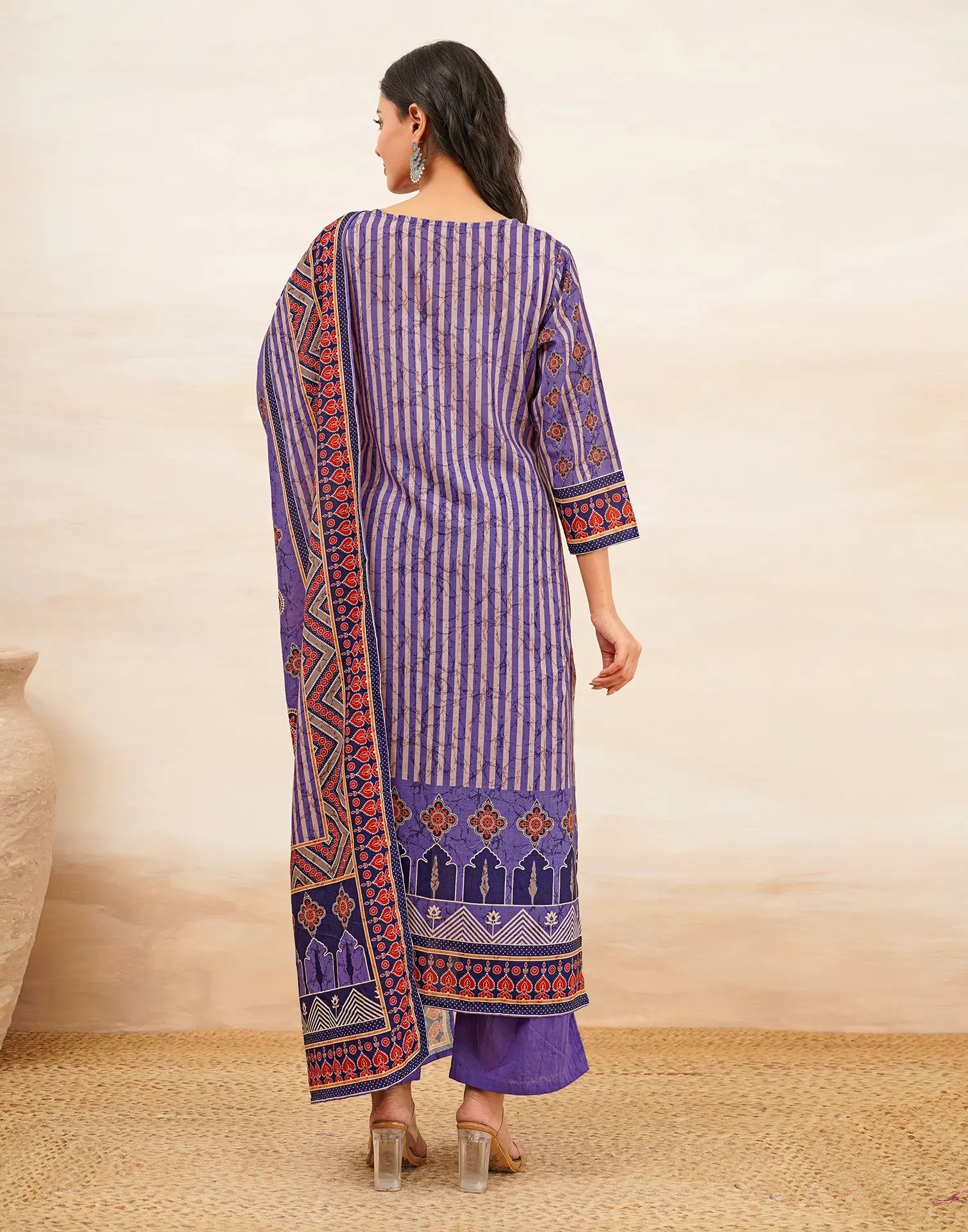 Blush Violet Purple Notched Round Neck Digital Printed Straight 3 Piece Kurta Set with Dupatta
