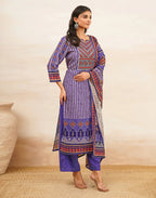 Blush Violet Purple Notched Round Neck Digital Printed Straight 3 Piece Kurta Set with Dupatta