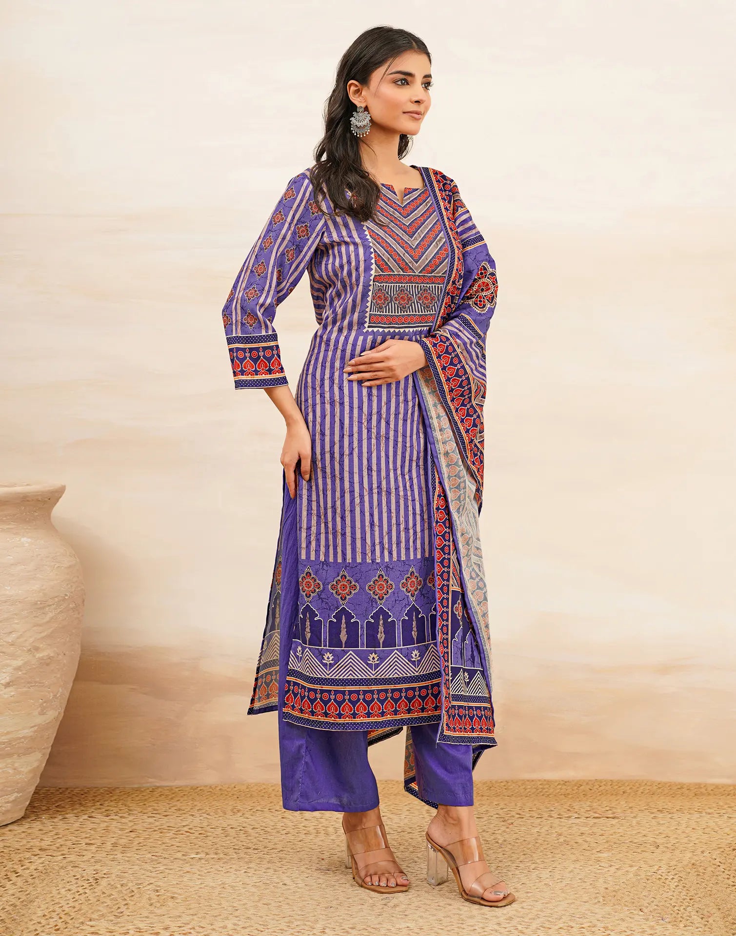 Blush Violet Purple Notched Round Neck Digital Printed Straight 3 Piece Kurta Set with Dupatta