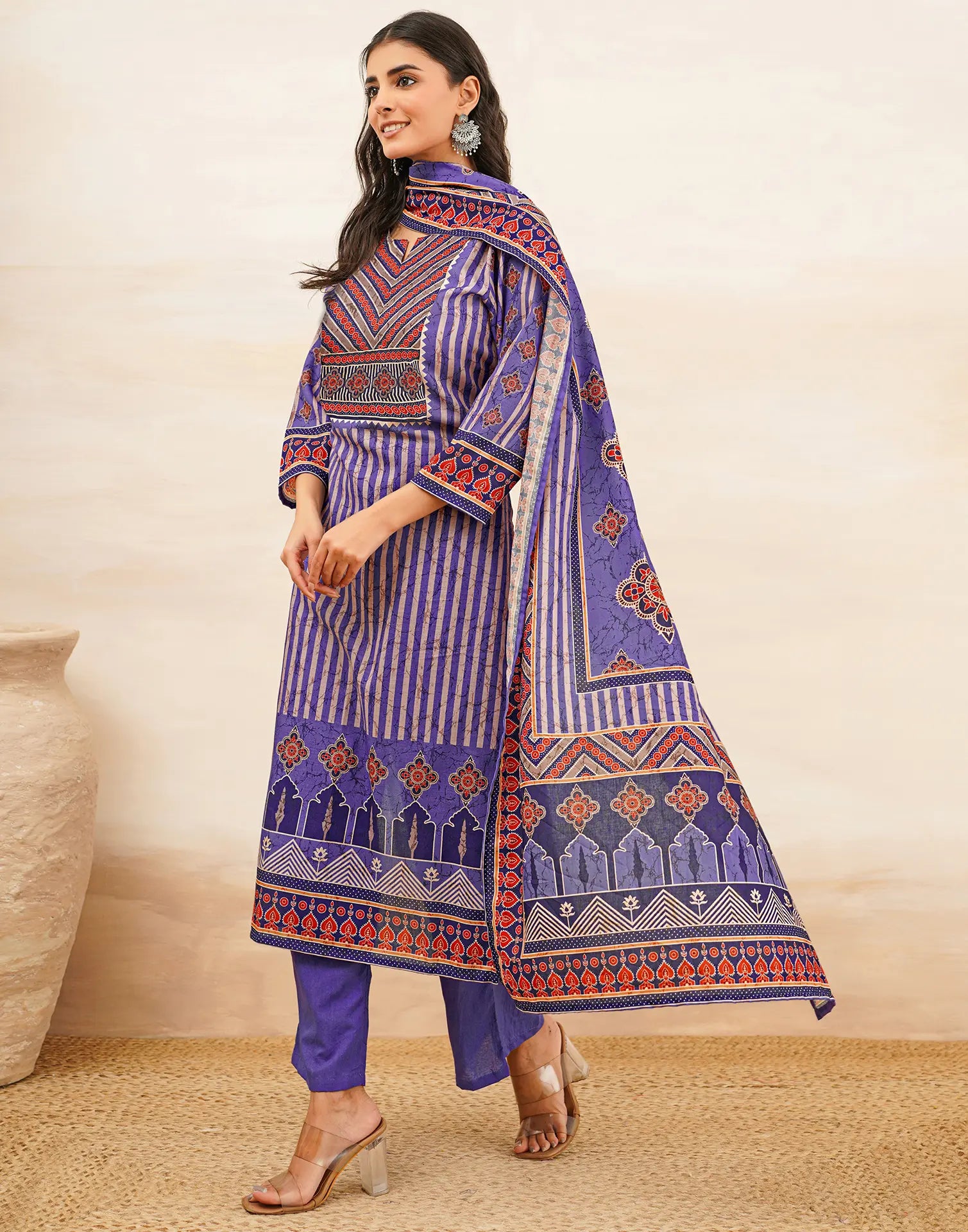 Blush Violet Purple Notched Round Neck Digital Printed Straight 3 Piece Kurta Set with Dupatta