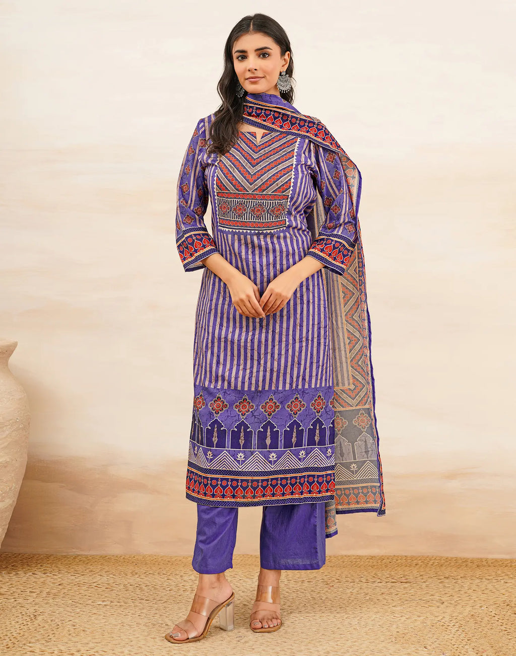 Blush Violet Purple Notched Round Neck Digital Printed Straight 3 Piece Kurta Set with Dupatta