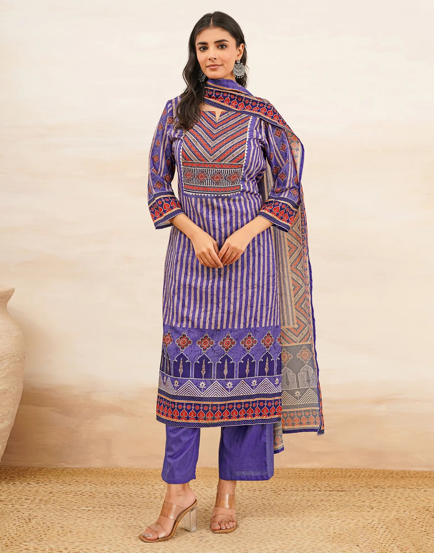 Blush Violet Purple Notched Round Neck Digital Printed Straight 3 Piece Kurta Set with Dupatta