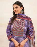 Blush Violet Purple Notched Round Neck Digital Printed Straight 3 Piece Kurta Set with Dupatta