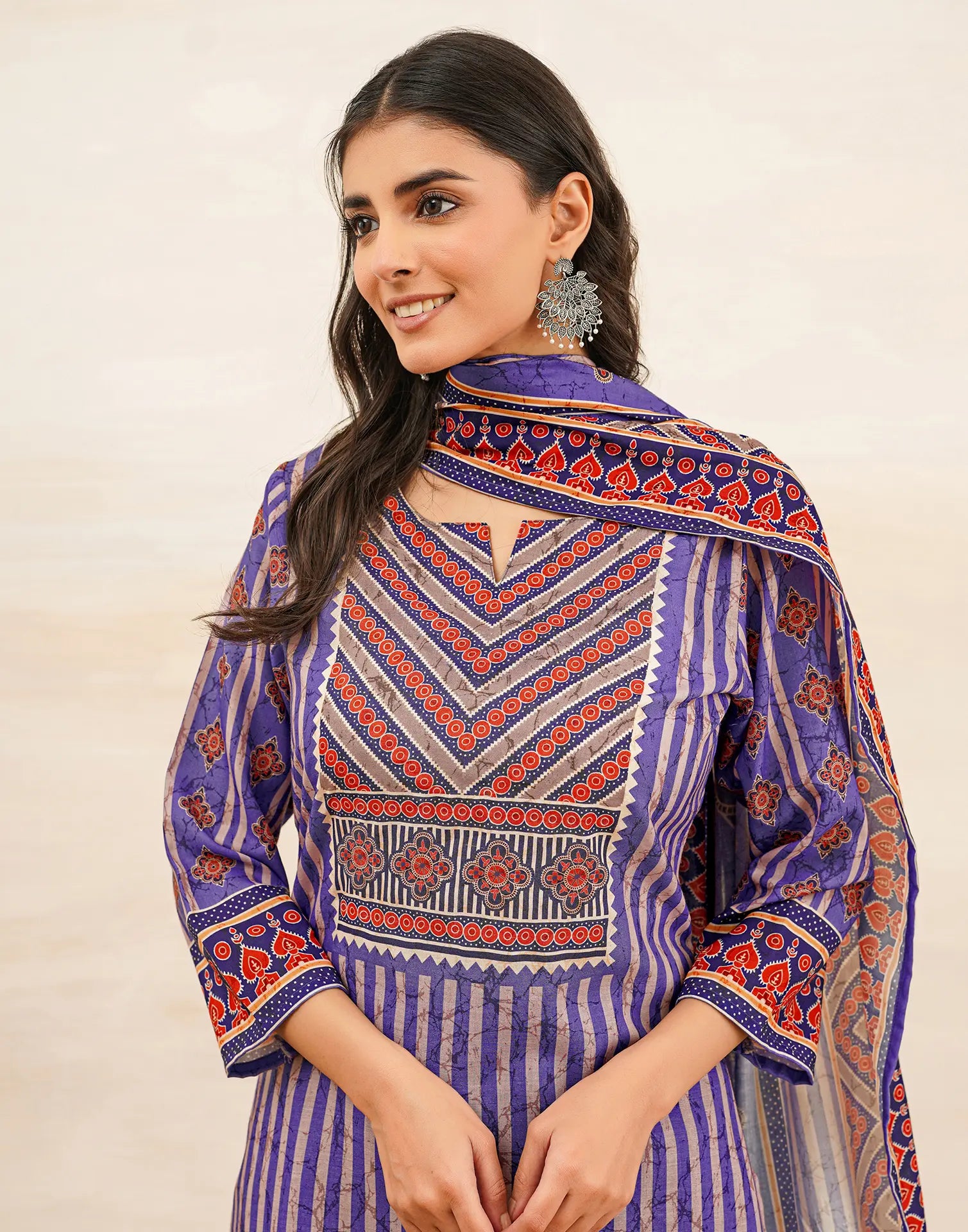 Blush Violet Purple Notched Round Neck Digital Printed Straight 3 Piece Kurta Set with Dupatta
