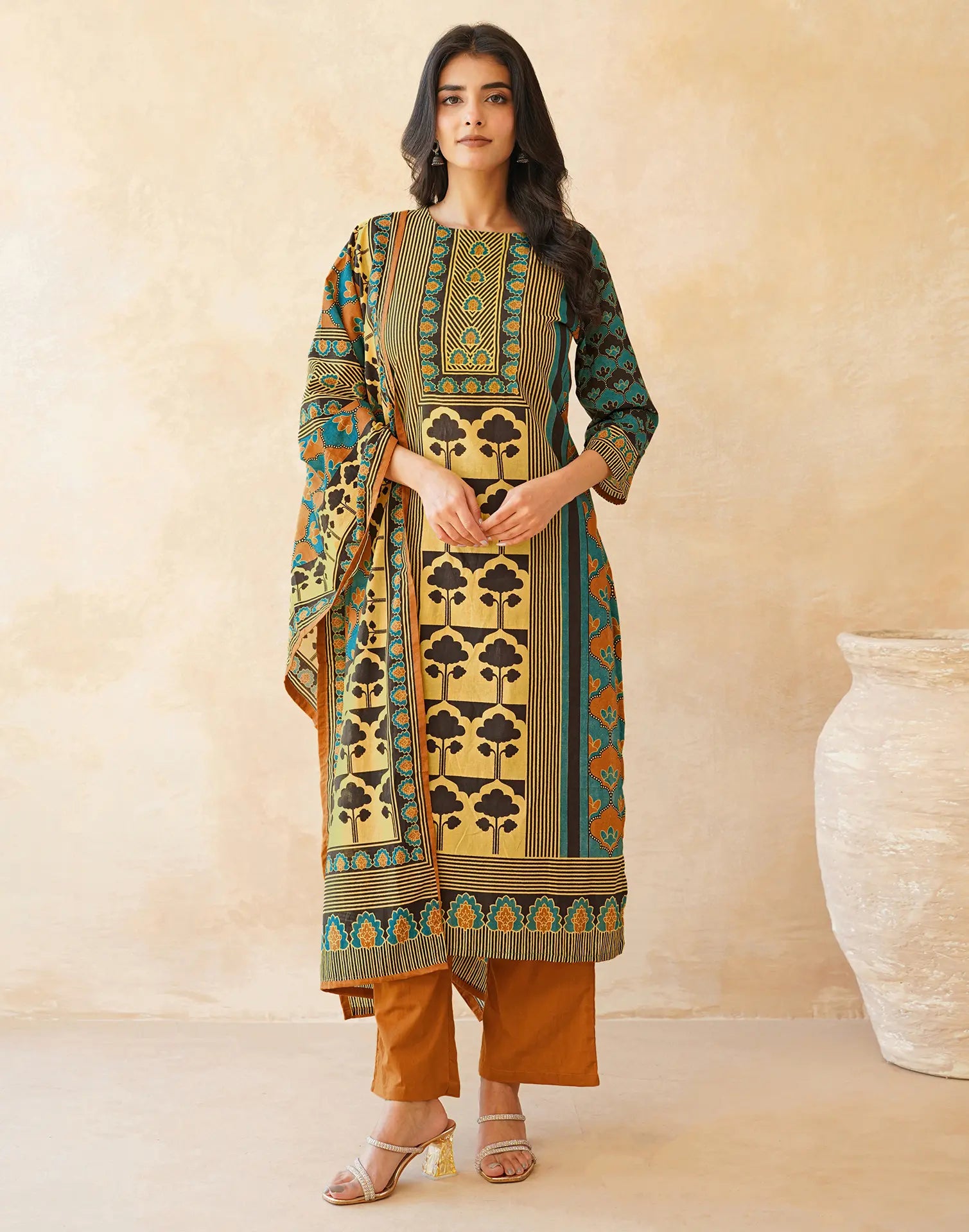 Black Round Neck Digital Printed Straight 3 Piece Kurta Set with Dupatta