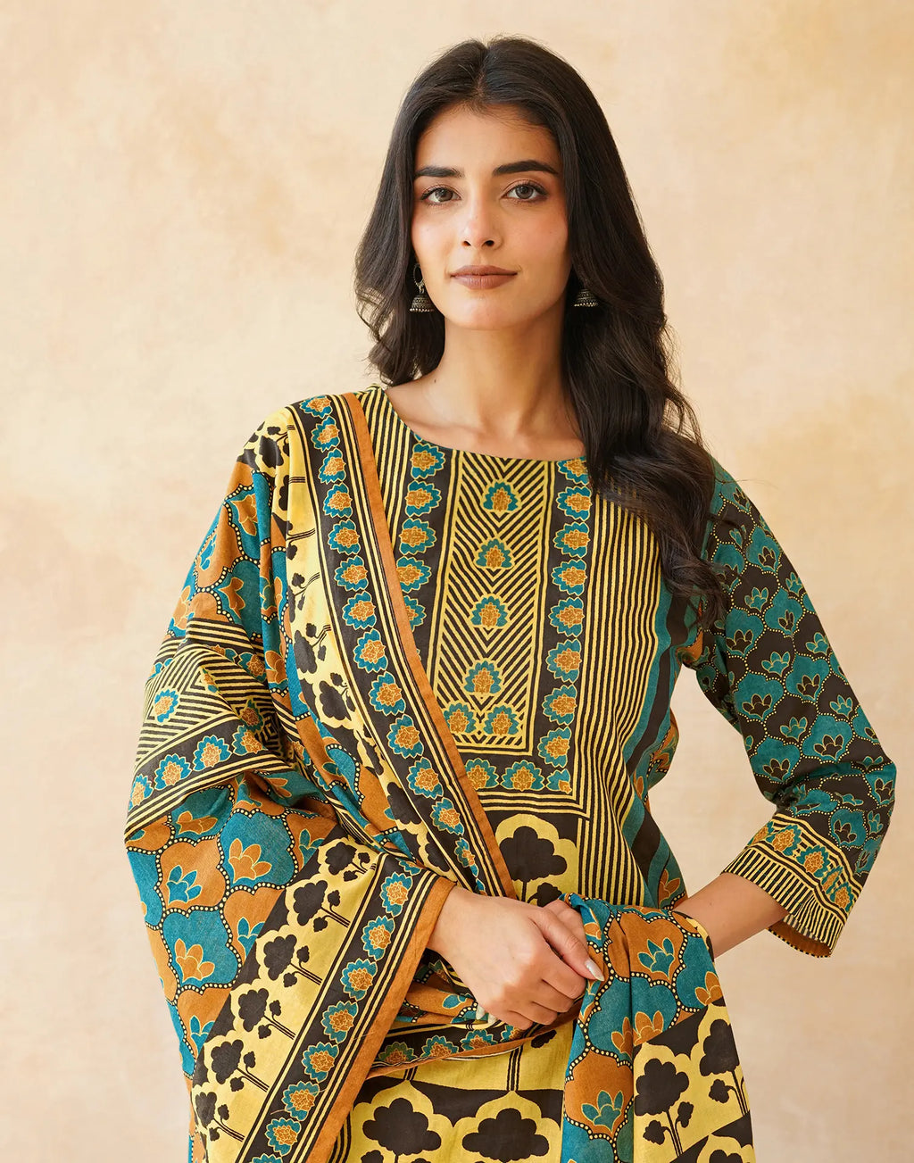 Black Round Neck Digital Printed Straight 3 Piece Kurta Set with Dupatta