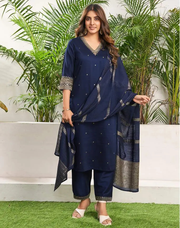 V Neck Straight Kurta Set with Pant and Dupatta