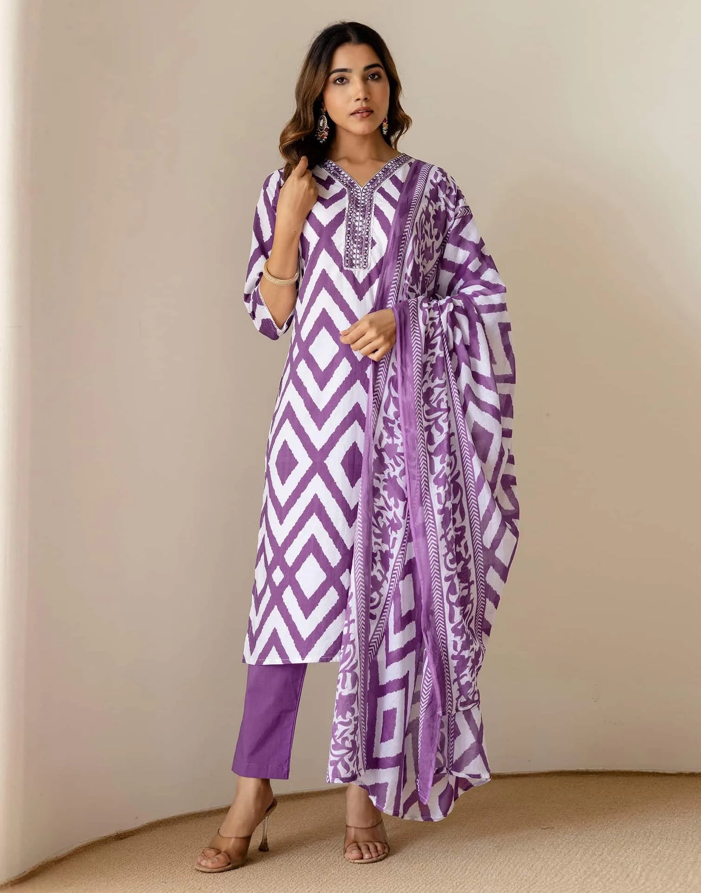 Cotton Straight Printed V-Neck Kurta with Pant & Dupatta
