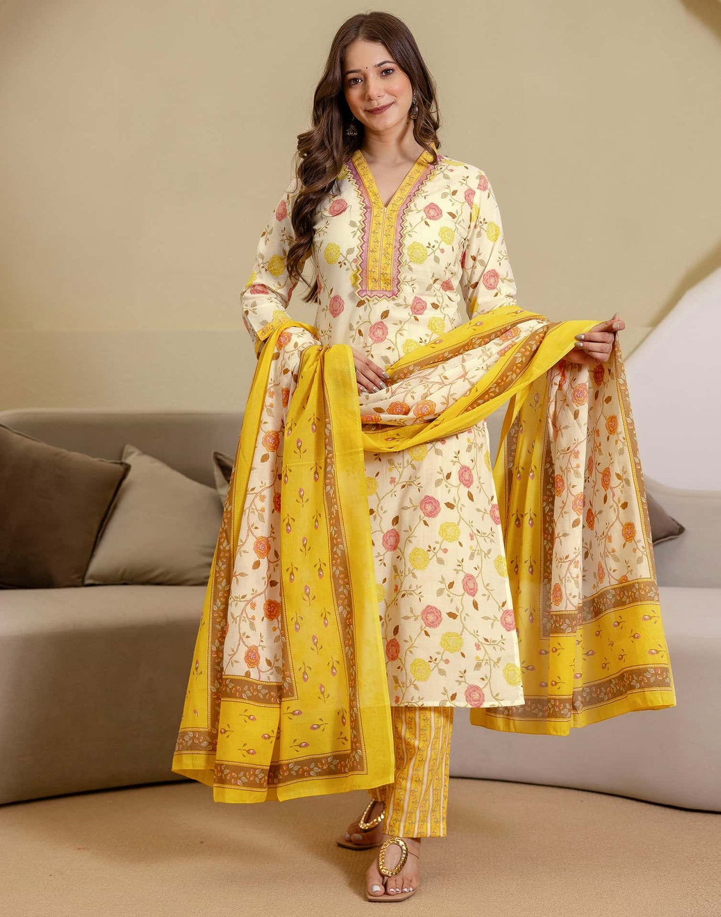 Cotton Printed Straight Kurta with Pant & Dupatta
