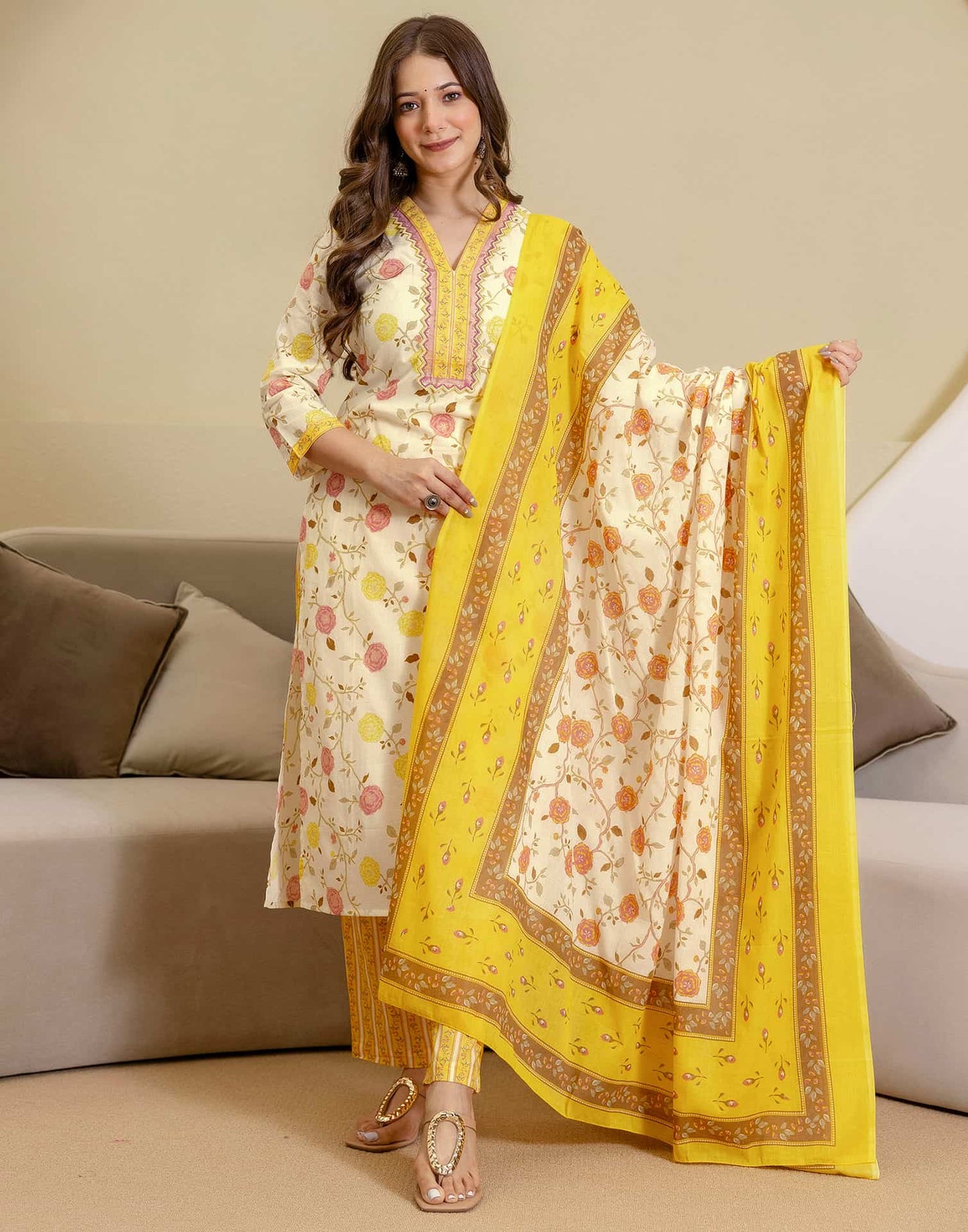 Cotton Printed Straight Kurta with Pant & Dupatta
