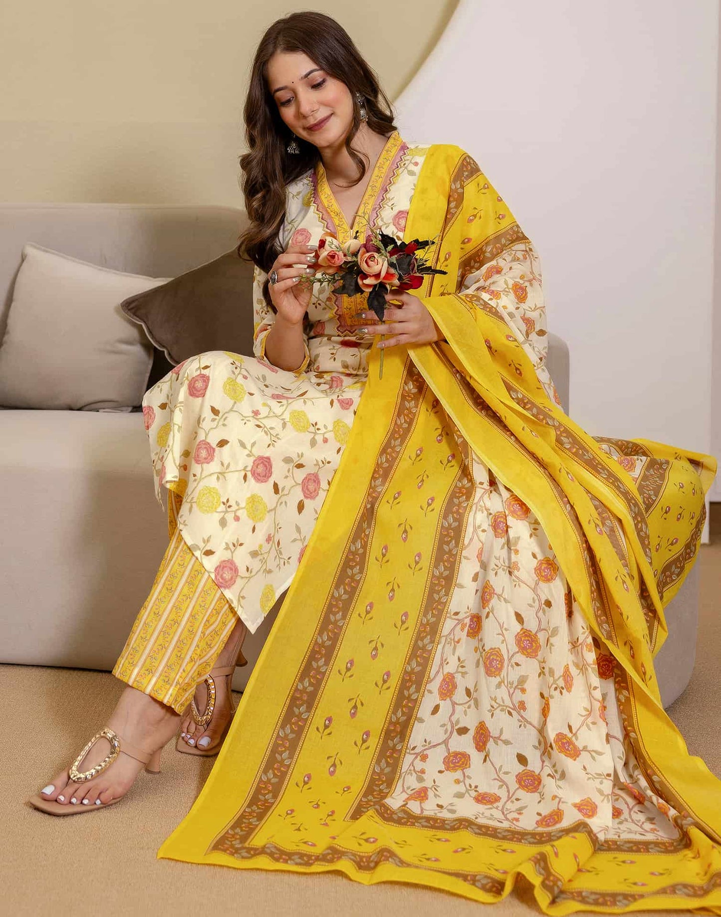 Cotton Printed Straight Kurta with Pant & Dupatta