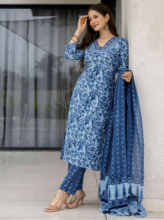 Cotton Printed Straight Kurta with Pant & Dupatta