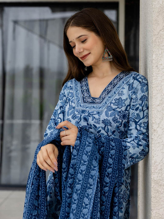 Cotton Printed Straight Kurta with Pant & Dupatta