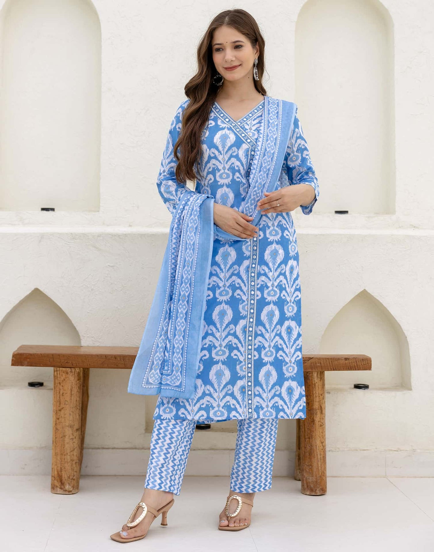 Cotton Straight Printed V-Neck Kurta with Pant & Dupatta