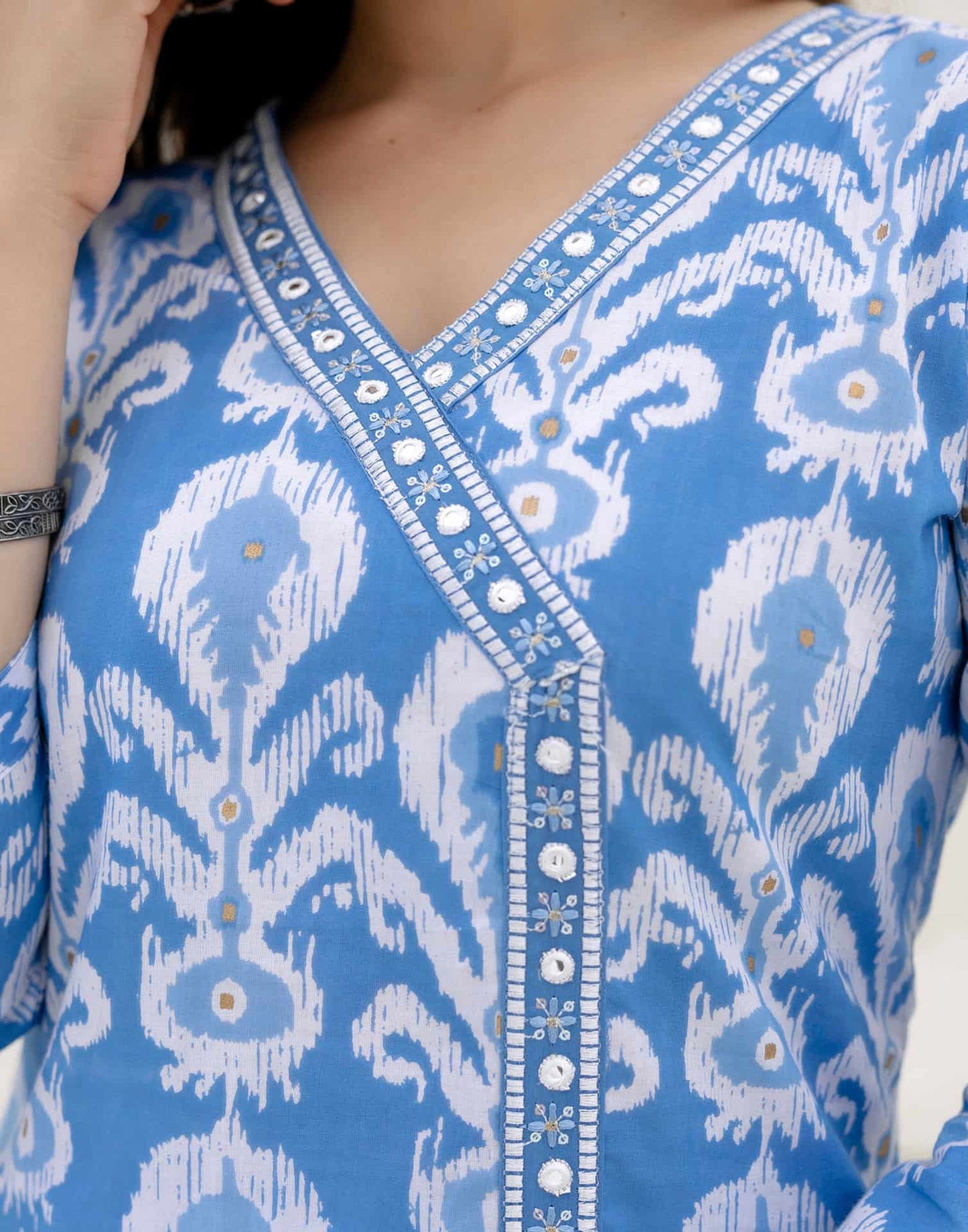 Cotton Straight Printed V-Neck Kurta with Pant & Dupatta