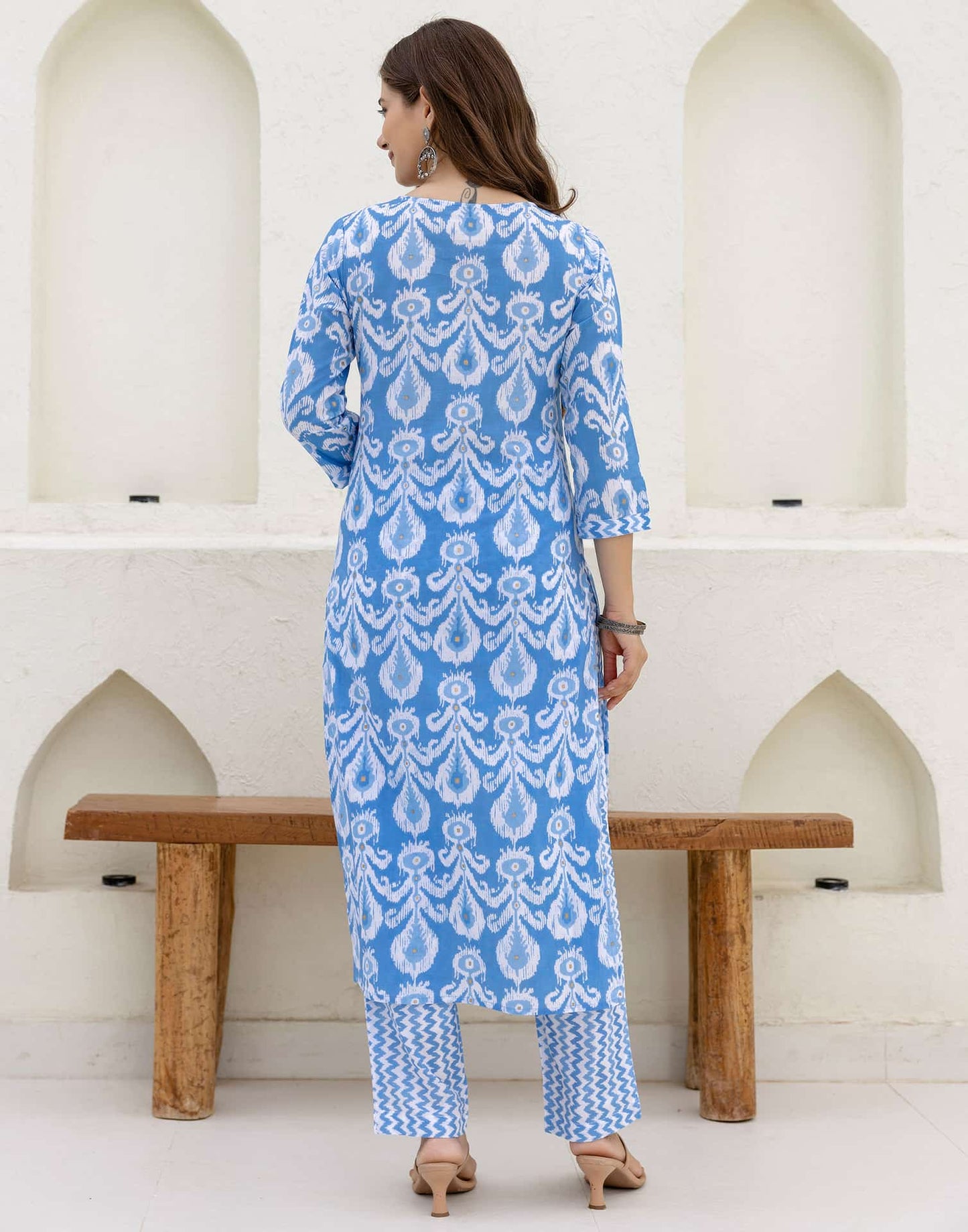 Cotton Straight Printed V-Neck Kurta with Pant & Dupatta