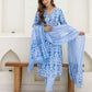 Cotton Straight Printed V-Neck Kurta with Pant & Dupatta