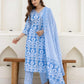 Cotton Straight Printed V-Neck Kurta with Pant & Dupatta