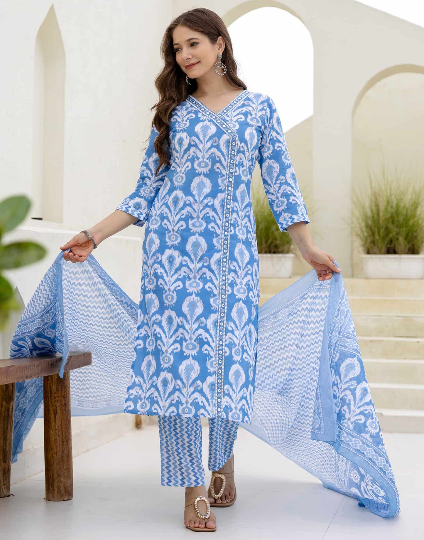Cotton Straight Printed V-Neck Kurta with Pant & Dupatta