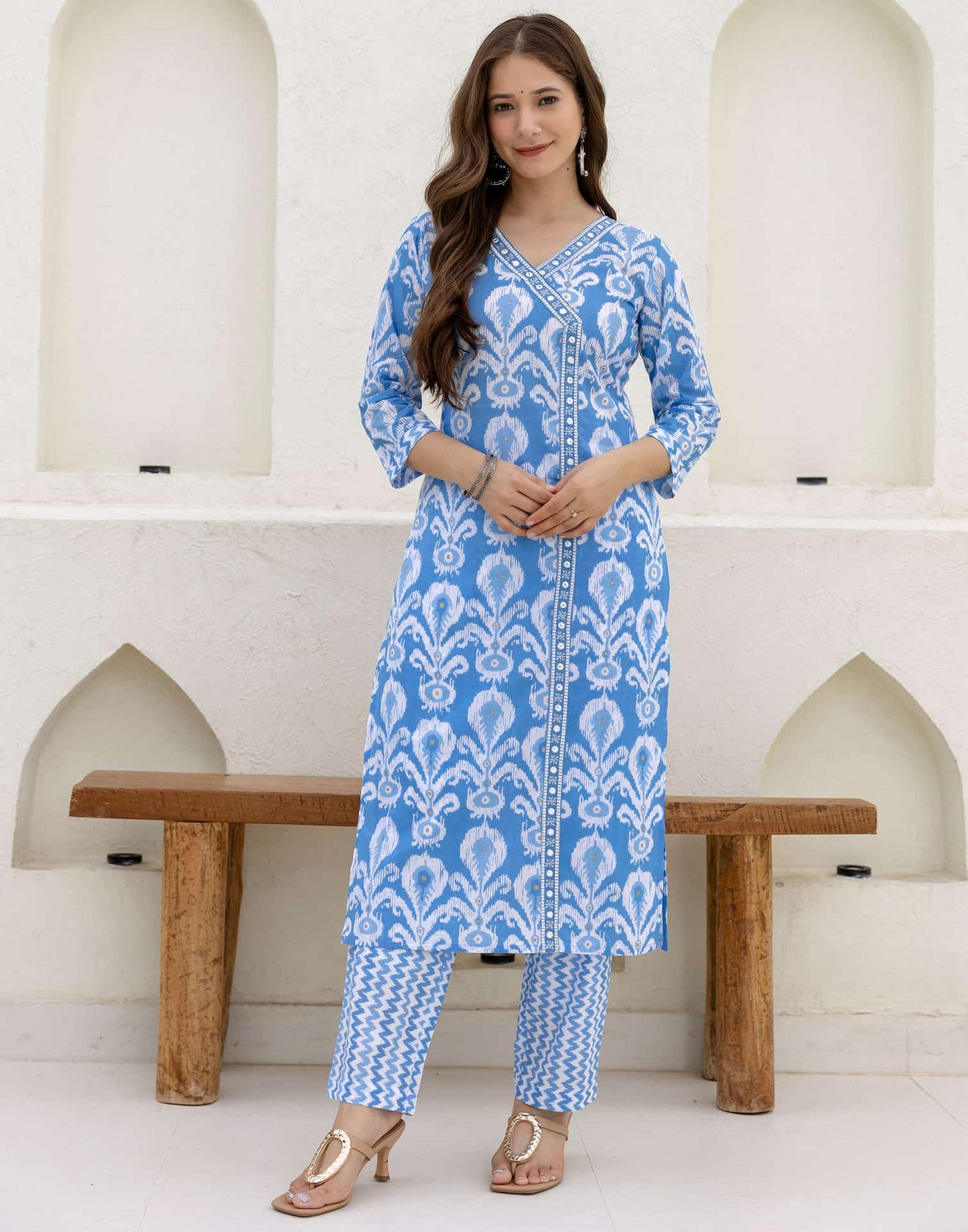 Cotton Straight Printed V-Neck Kurta with Pant & Dupatta