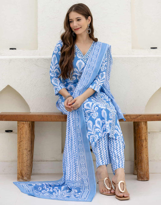 Cotton Straight Printed V-Neck Kurta with Pant & Dupatta