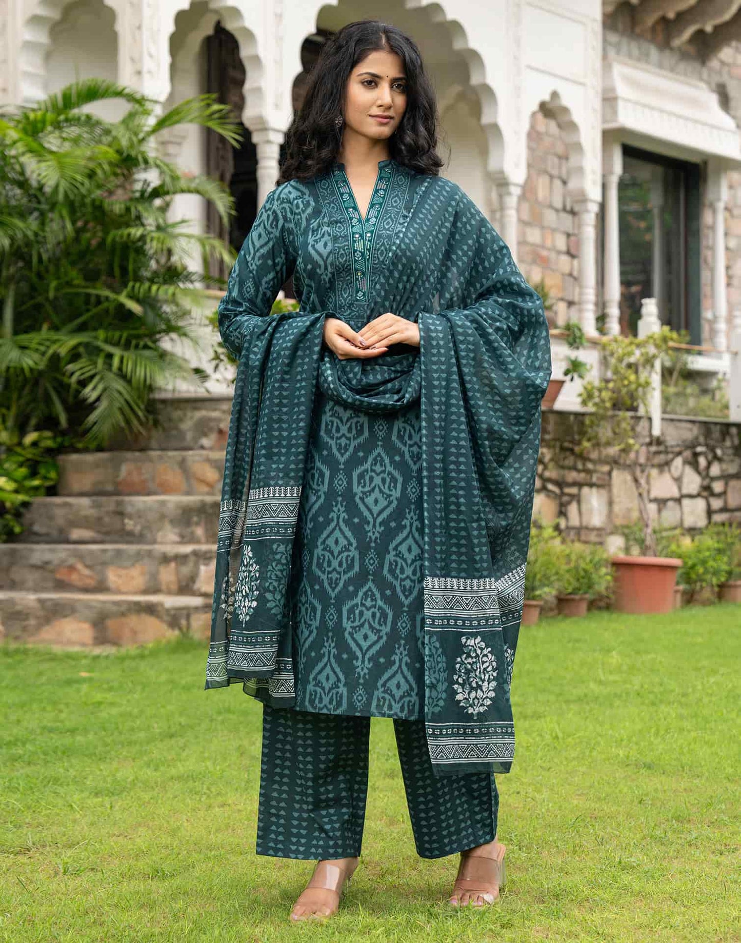 Cotton Straight Embroidery Mandarin Collar Kurta with Pant & Dupatta