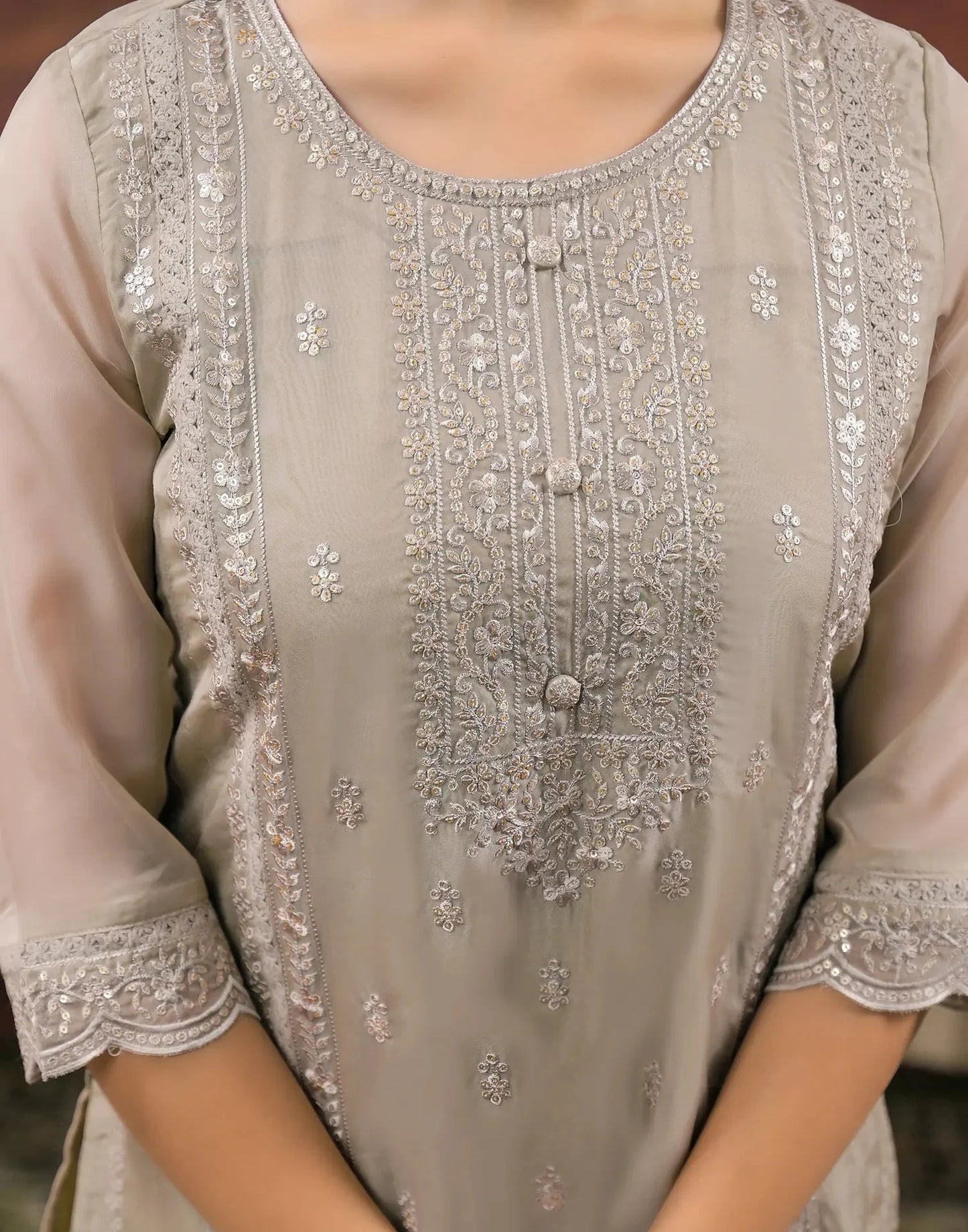Silk Embroidered Round Neck Straight Kurta with Pant & Dupatta