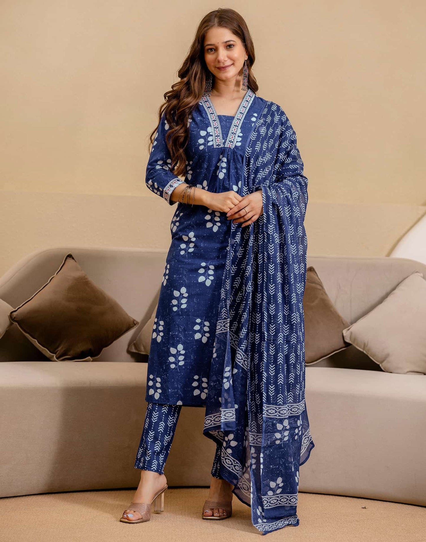 Cotton Printed Straight Kurta with Pant & Dupatta