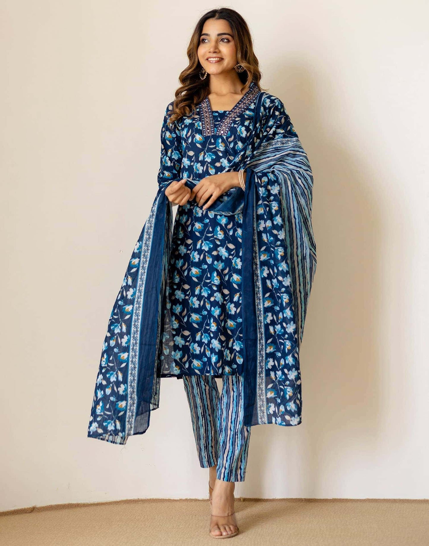 Cotton Printed Straight Kurta with Pant & Dupatta