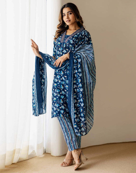 Cotton Printed Straight Kurta with Pant & Dupatta