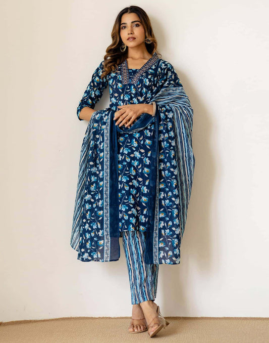 Cotton Printed Straight Kurta with Pant & Dupatta