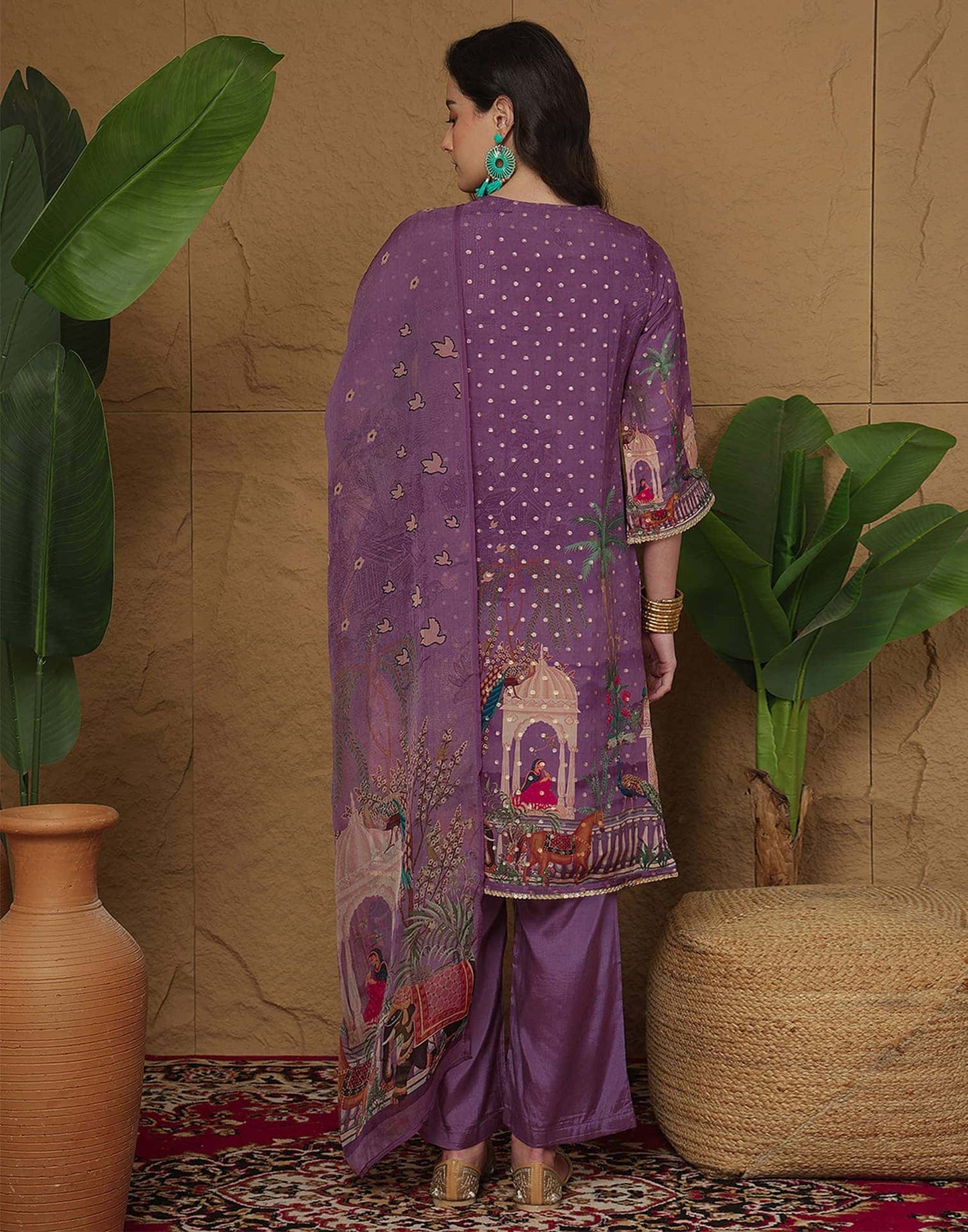 Silk Printed, Weaving and Mirror Work Straight Kurta with Pant & Dupatta