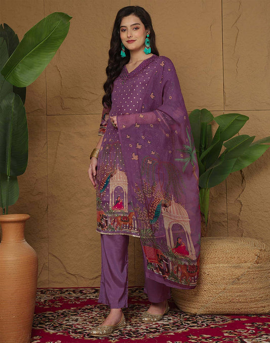 Silk Printed, Weaving and Mirror Work Straight Kurta with Pant & Dupatta