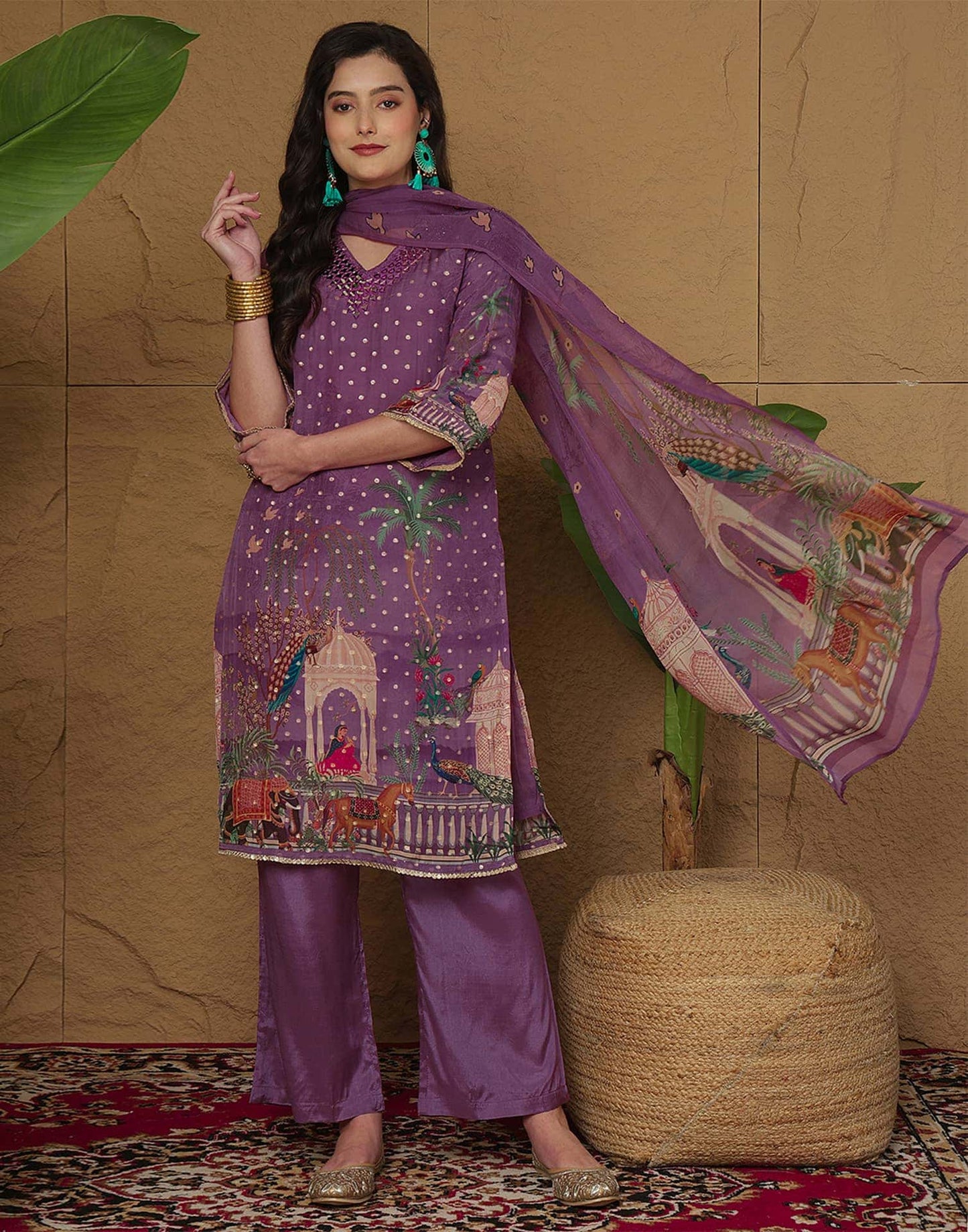 Silk Printed, Weaving and Mirror Work Straight Kurta with Pant & Dupatta