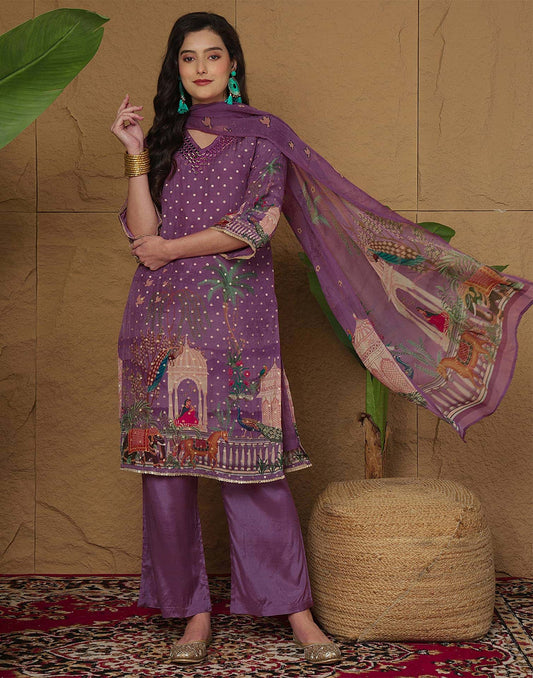 Silk Printed, Weaving and Mirror Work Straight Kurta with Pant & Dupatta