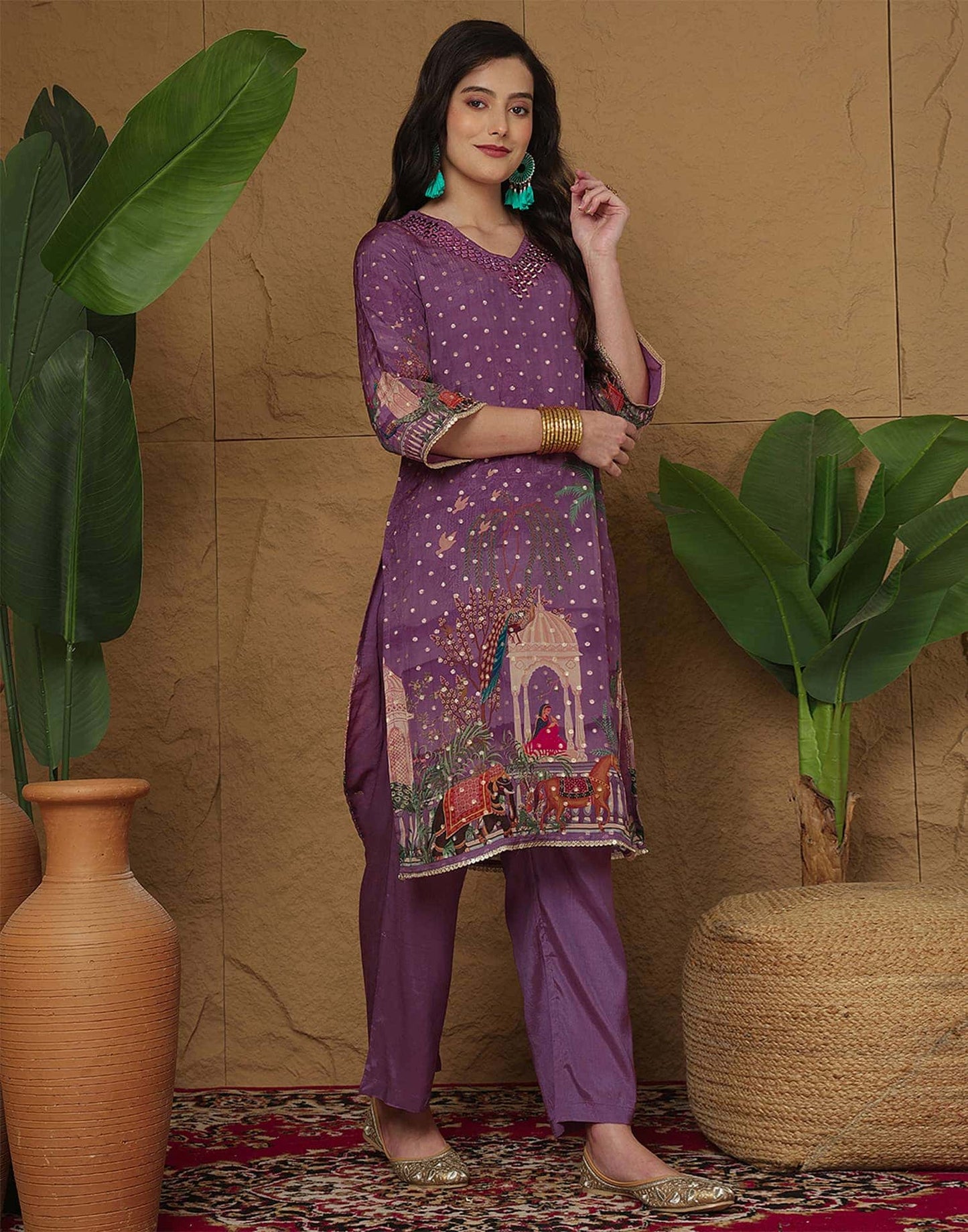 Silk Printed, Weaving and Mirror Work Straight Kurta with Pant & Dupatta