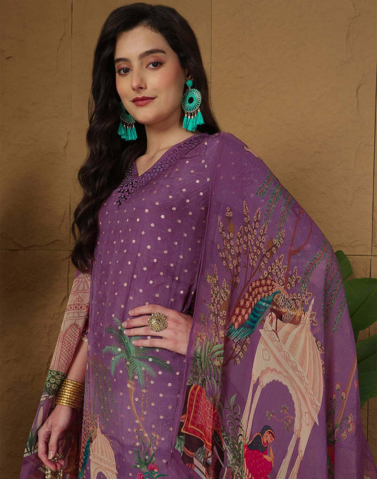 Silk Printed, Weaving and Mirror Work Straight Kurta with Pant & Dupatta