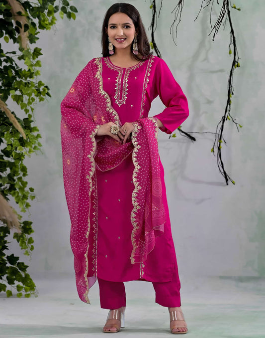 Silk Embroidered Straight Kurta with Pant & Dupatta