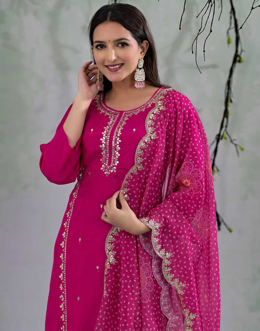 Silk Embroidered Straight Kurta with Pant & Dupatta