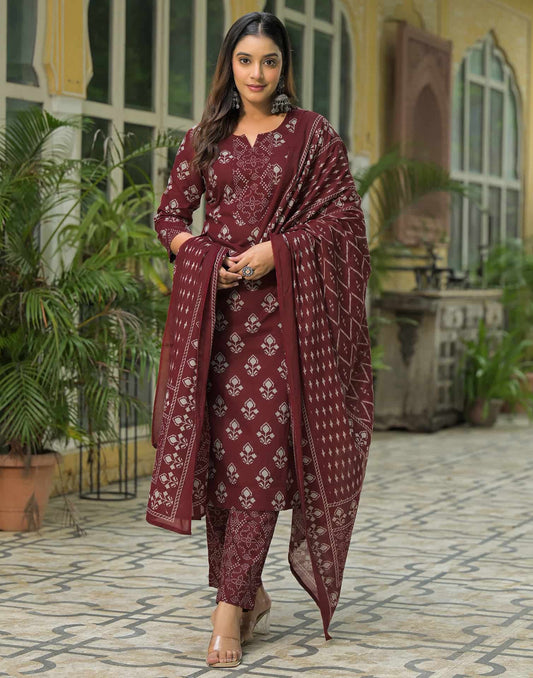 Cotton Printed Straight Kurta with Pant & Dupatta
