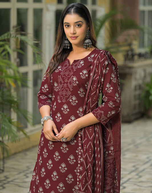 Cotton Printed Straight Kurta with Pant & Dupatta