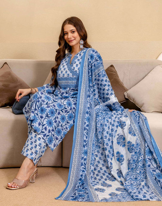 Cotton Printed Straight Kurta with Pant & Dupatta