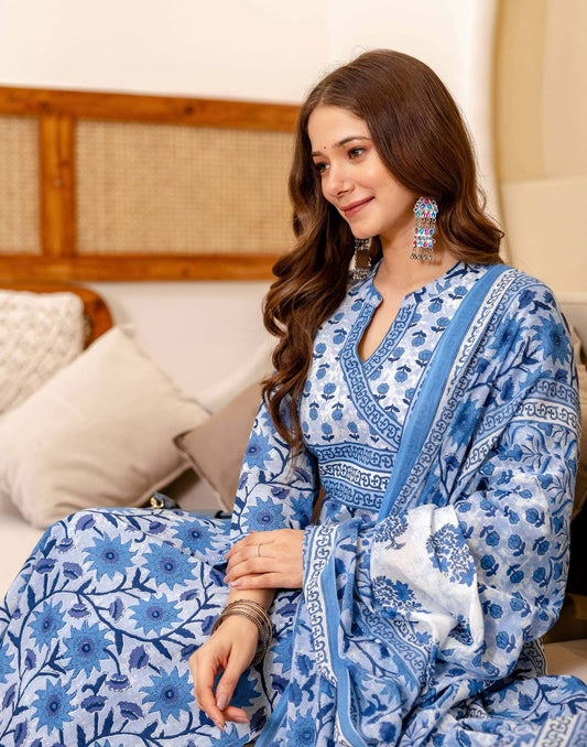 Cotton Printed Straight Kurta with Pant & Dupatta